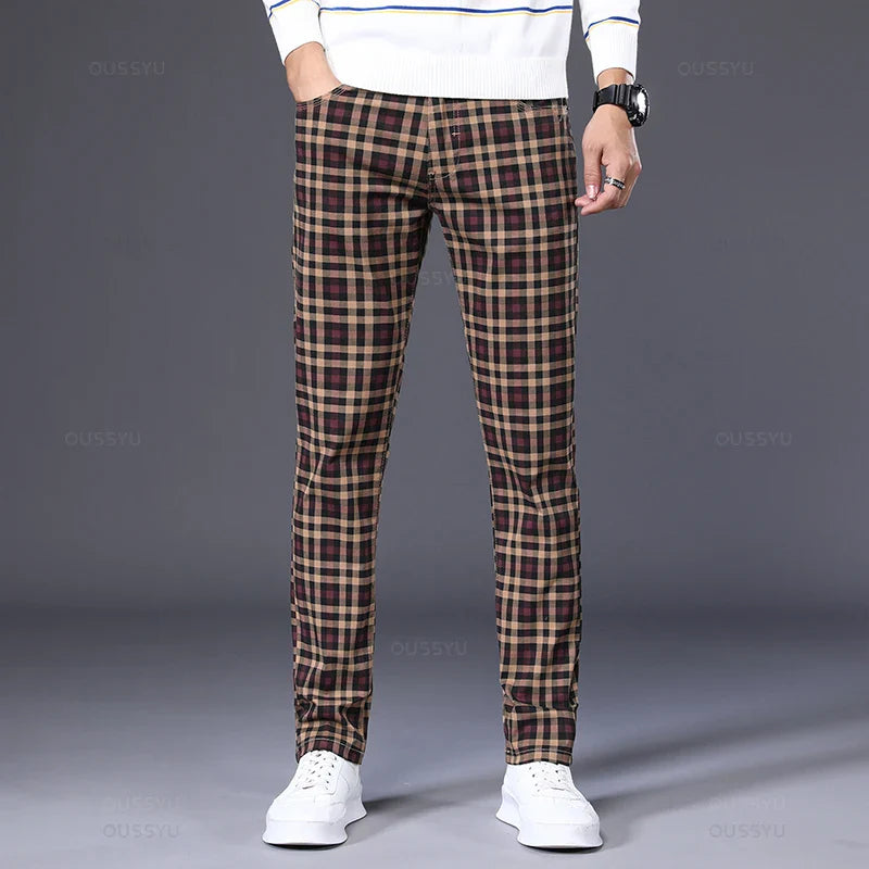Men's Cotton Stretch Plaid Casual Pants - Slim Fit, Straight Fit, Classic Men's Trousers