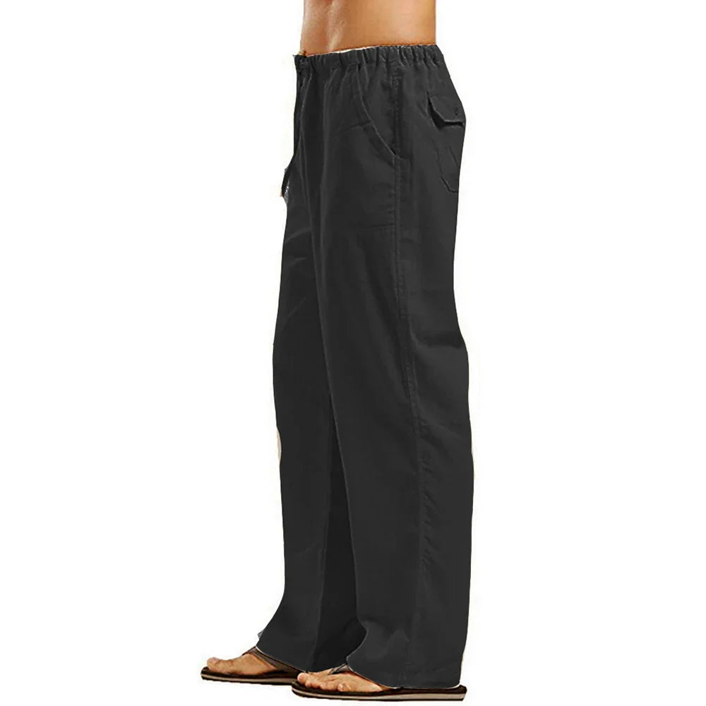 Men's Casual Loose-Fit Cotton Linen Pants with Elastic Waist - Various Colors