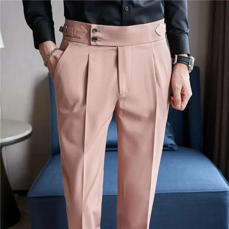 Men's High-Waisted Casual Dress Pants with Belt - Various Colors