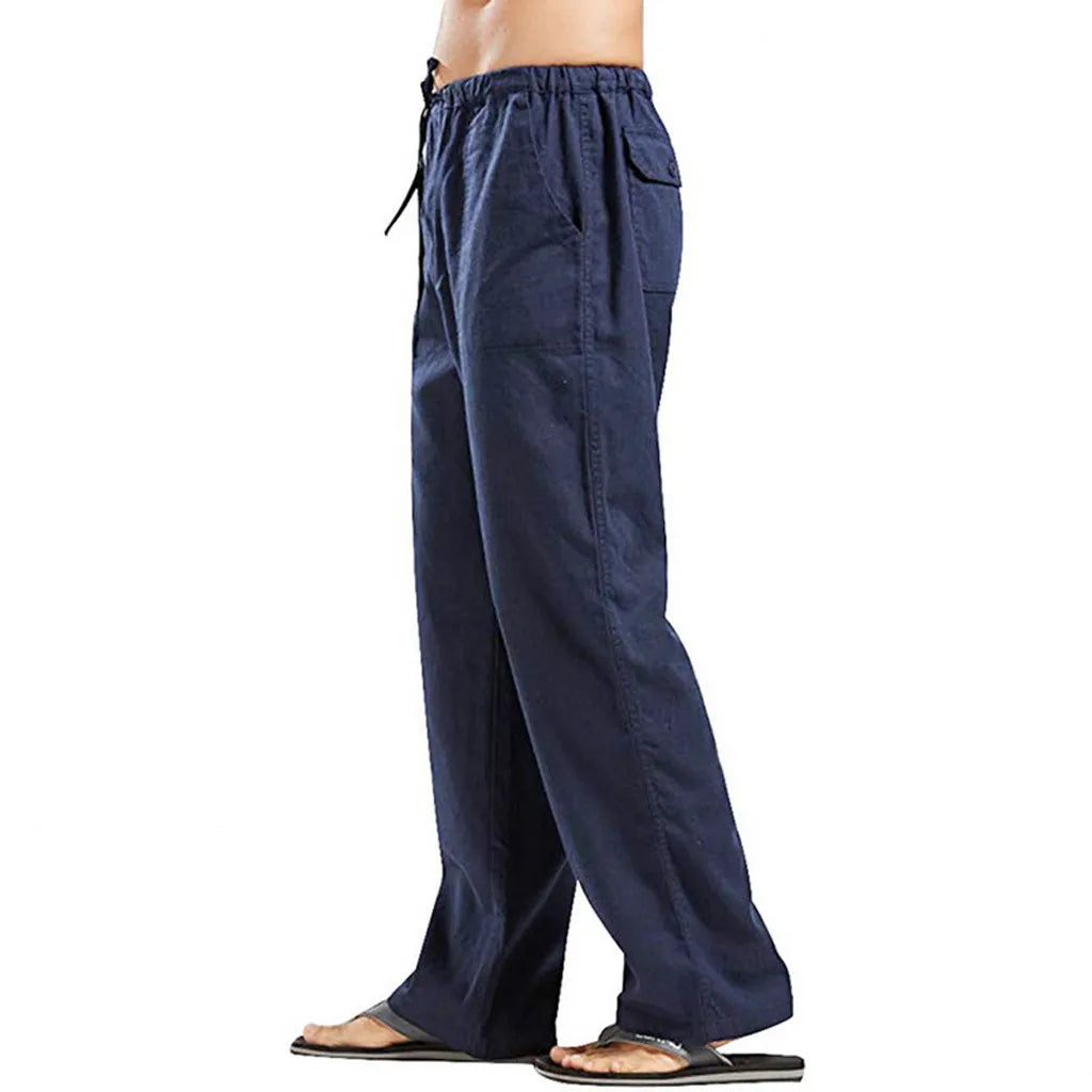 Men's Casual Loose-Fit Cotton Linen Pants with Elastic Waist - Various Colors