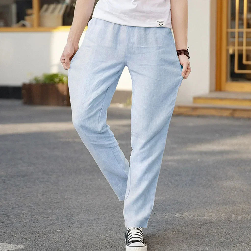 Men's Cotton Linen Pants - Straight Leg, Elastic Waist, Lightweight & Breathable Trousers