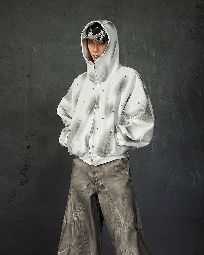 Pearl-Detailed Dirty Wash Zip Hoodie Jacket Main Image