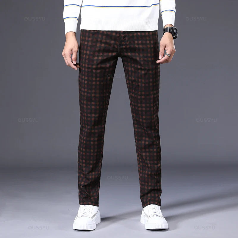 Men's Cotton Stretch Plaid Casual Pants - Slim Fit, Straight Fit, Classic Men's Trousers