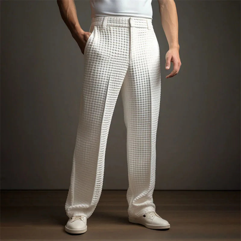 Men's Mid-Waist Twill Straight Leg Pants with Pockets - Casual Long