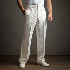 Men's Mid-Waist Twill Straight Leg Pants with Pockets - Casual Long