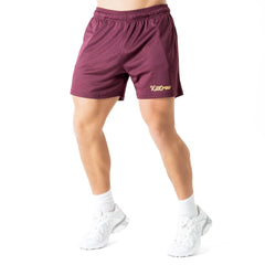 VENTED MESH SHORTS SCRIPT - MAROON / GOLD