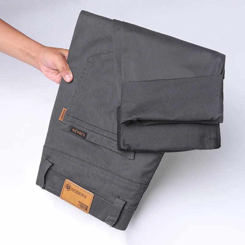 Men's Classic Slim Straight Trousers - Pure Cotton Stretch Pants