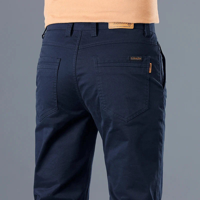 Men's Classic Slim Straight Trousers - Pure Cotton Stretch Pants