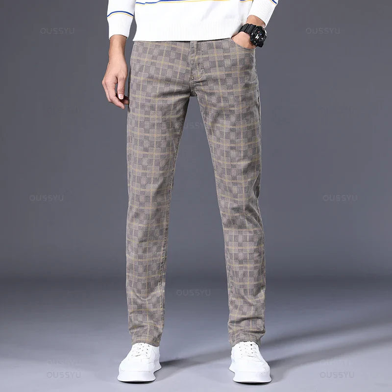 Men's Cotton Stretch Plaid Casual Pants - Slim Fit, Straight Fit, Classic Men's Trousers