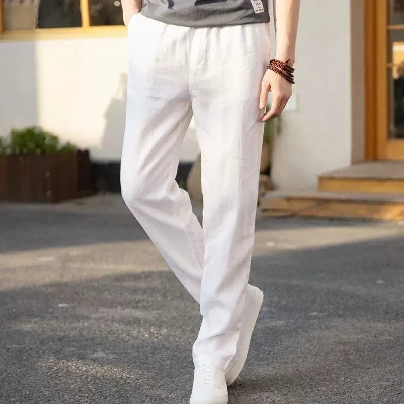 Men's Cotton Linen Pants - Straight Leg, Elastic Waist, Lightweight & Breathable Trousers