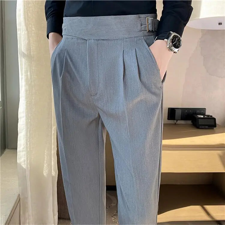 Men's High-Waisted Casual Dress Pants with Belt - Various Colors