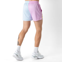MUAY THAI SHORTS (MID THIGH CUT) 2 TONE - PASTEL PINK / BLUE