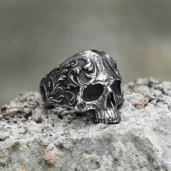 Vintage Pattern Stainless Steel Skull Ring Hover Image