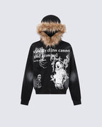 Vintage Zipper Faux Fur Hoodie