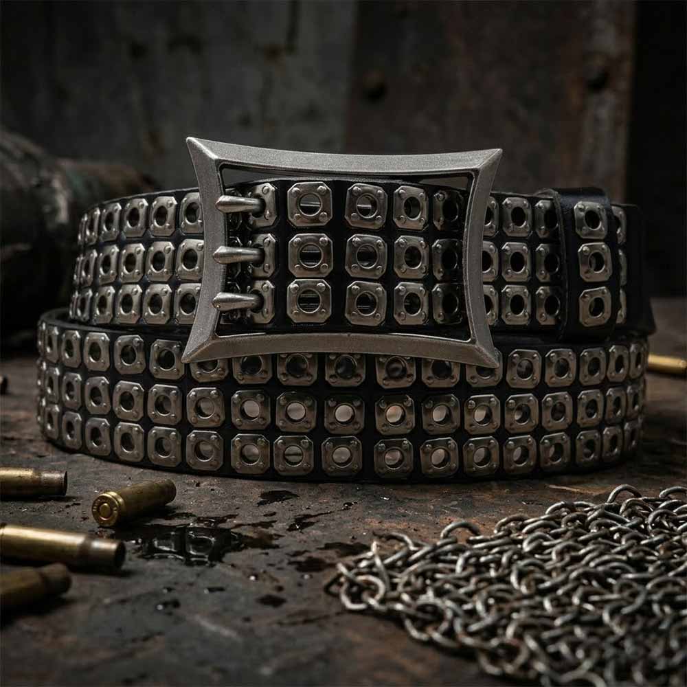 American Biker Three-Row Cutout Rivet Genuine Leather Belt
