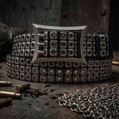 American Biker Three-Row Cutout Rivet Genuine Leather Belt