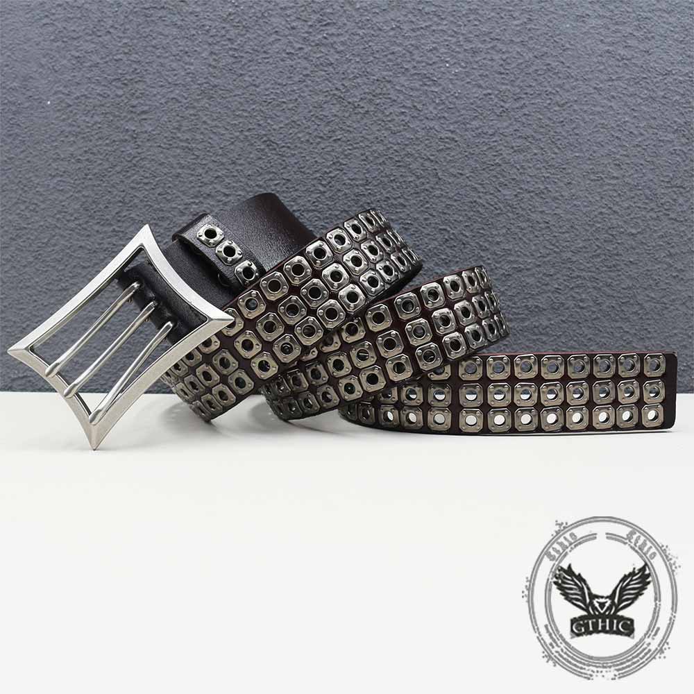 American Biker Three-Row Cutout Rivet Genuine Leather Belt