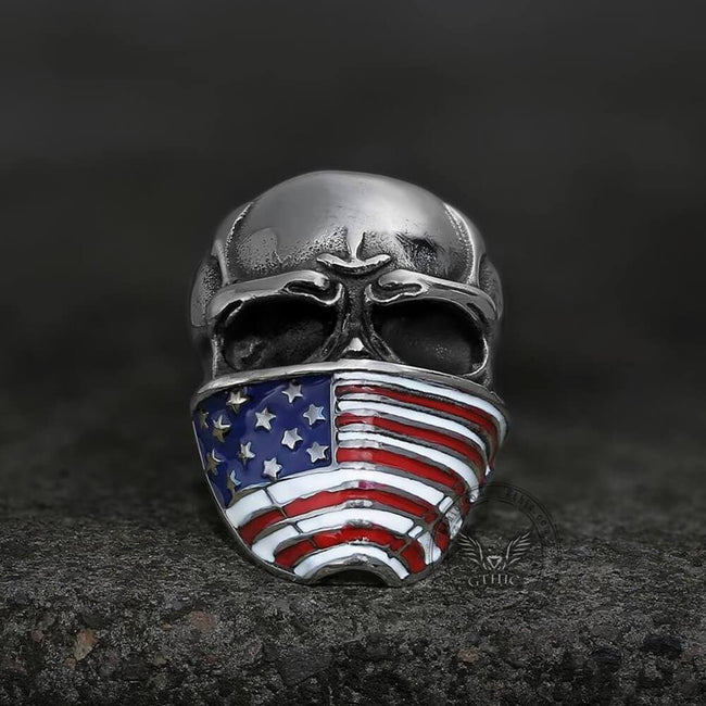 American Flag Stainless Steel Skull Ring Hover Image
