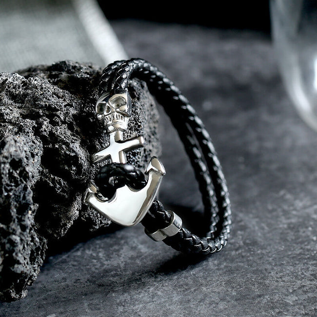 Anchor Skull Double Braided Leather Bracelet Hover Image