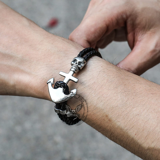 Anchor Skull Double Braided Leather Bracelet Main Image