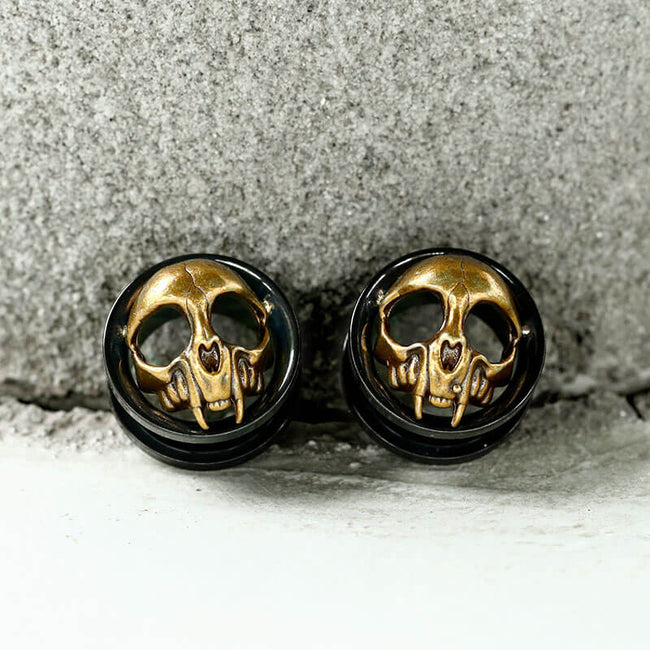 Antique Gold Skull Stainless Steel Ear Gauges Hover Image