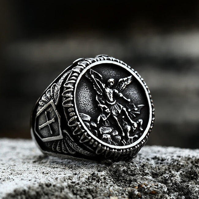 Archangel Saint Michael Stainless Steel Men’s Ring Handcrafted Hover Image