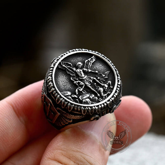Archangel Saint Michael Stainless Steel Men’s Ring Handcrafted Main Image