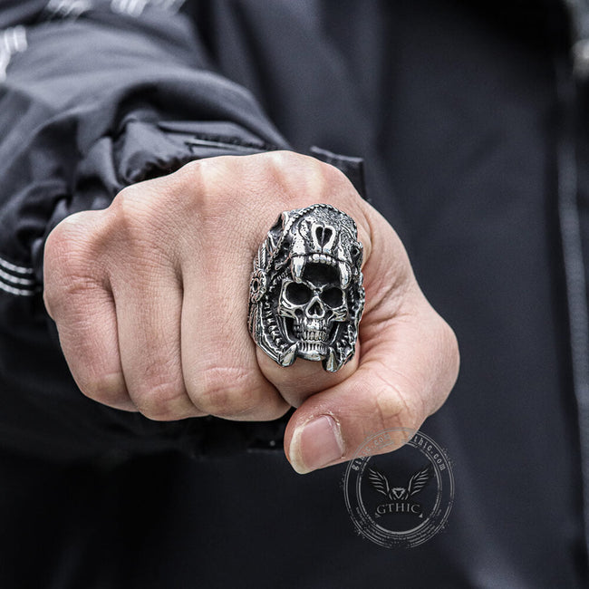 Aztec Jaguar Warrior Stainless Steel Skull Ring Main Image