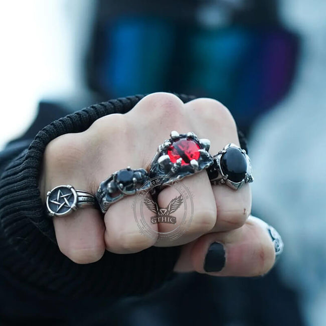 Black Agate Stainless Steel Punk Gothic Ring Main Image