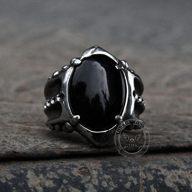 Black Agate Stainless Steel Punk Gothic Ring Hover Image