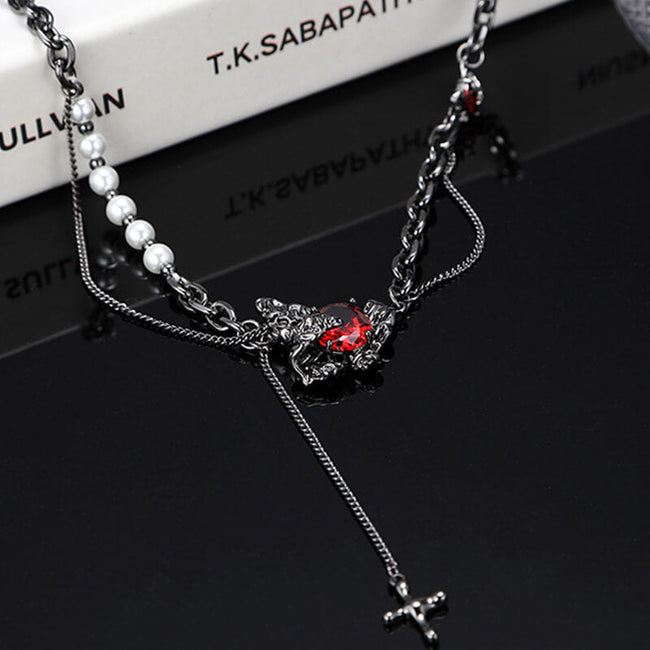 Black Butterfly Chain Spliced Pearl Necklace Hover Image