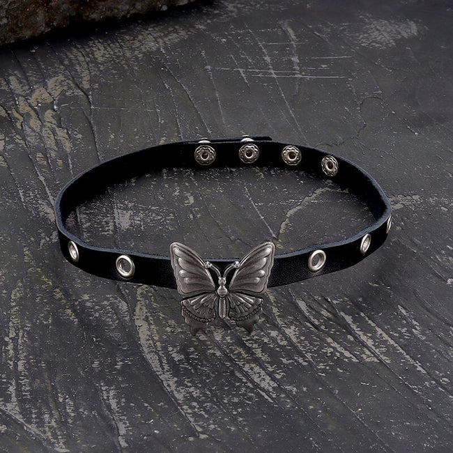 Black Butterfly Design Alloy Leather Choker Necklace Hover Image