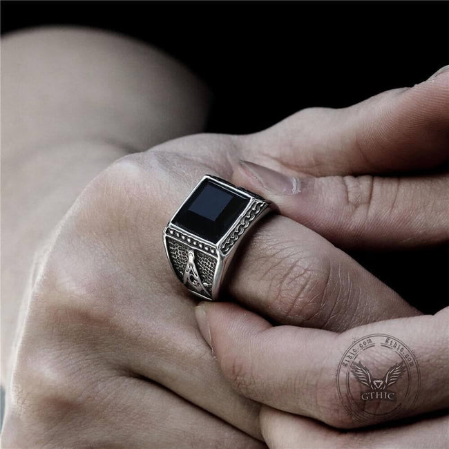 Black Gemstone Stainless Steel Masonic Ring Main Image