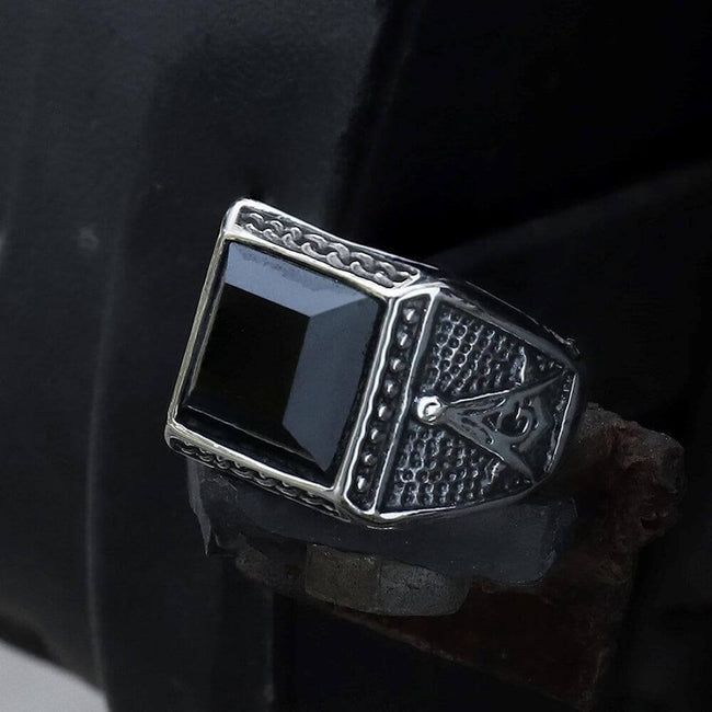 Black Gemstone Stainless Steel Masonic Ring Hover Image