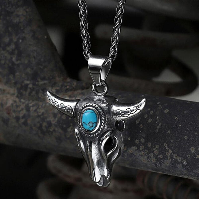 Bull Head Skull Stainless Steel Turquoise Pendant Hover Image