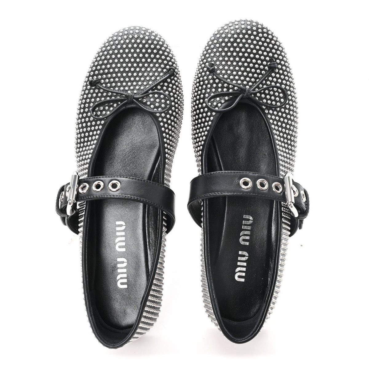 Calfskin Studded Mary Jane Ballerina Flats 36.5 Black