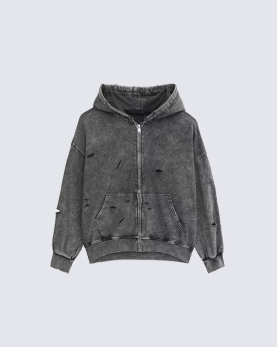 Distressed Washed Zip-Up Hoodie Hover Image