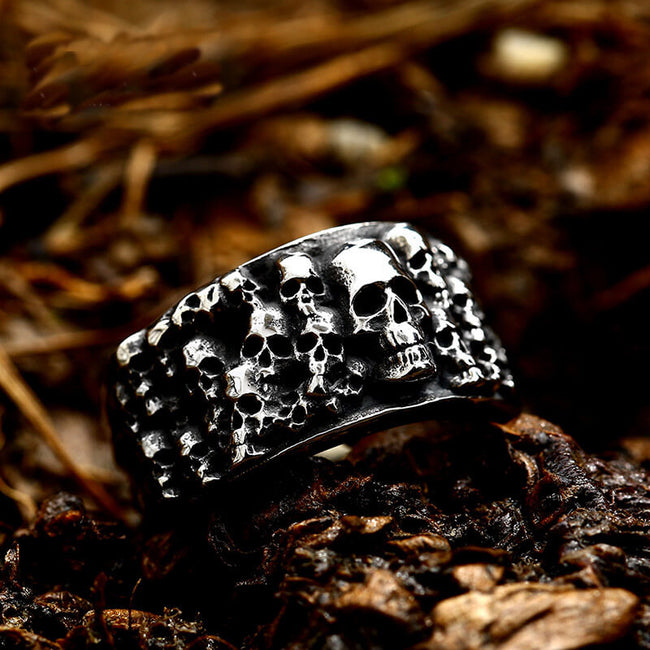 Catacombs Skulls Stainless Steel Biker Ring Hover Image