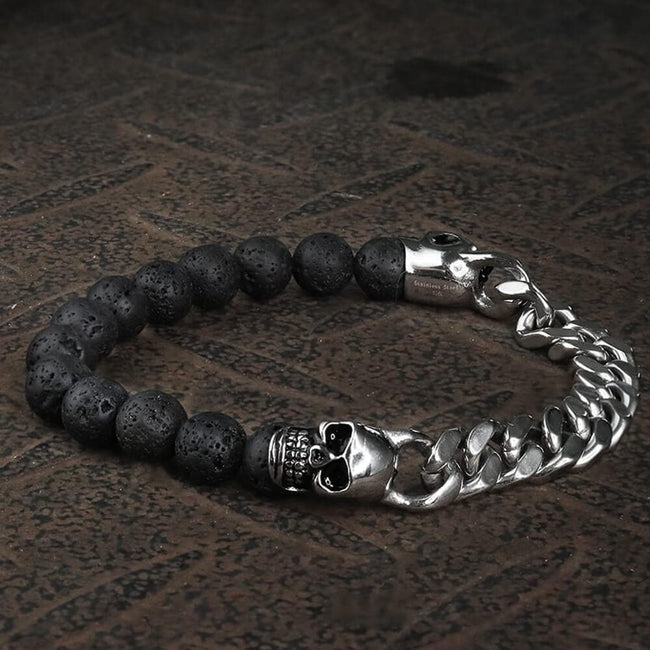 Cuban Chain And Volcanic Rock Skull Bracelet Hover Image