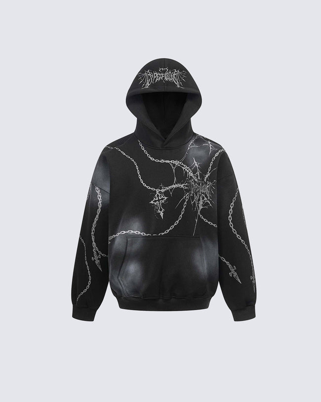 High-Street American Distressed Chain Cross Hoodie Hover Image