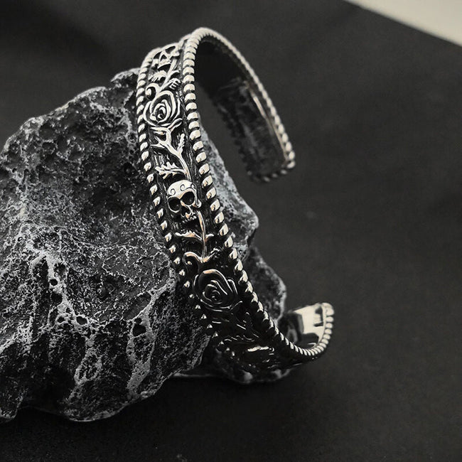 Dark Skull Rose Gothic Stainless Steel Open Bracelet Hover Image