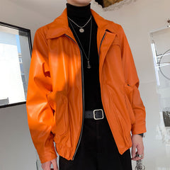 Orange Leather Jacket Men's Loose Outline Three-dimensional Big Pocket