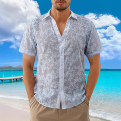 Hawaiian Jacquard Shirt Transparent Cutout Short Sleeve Thin Holiday Beach Shirt