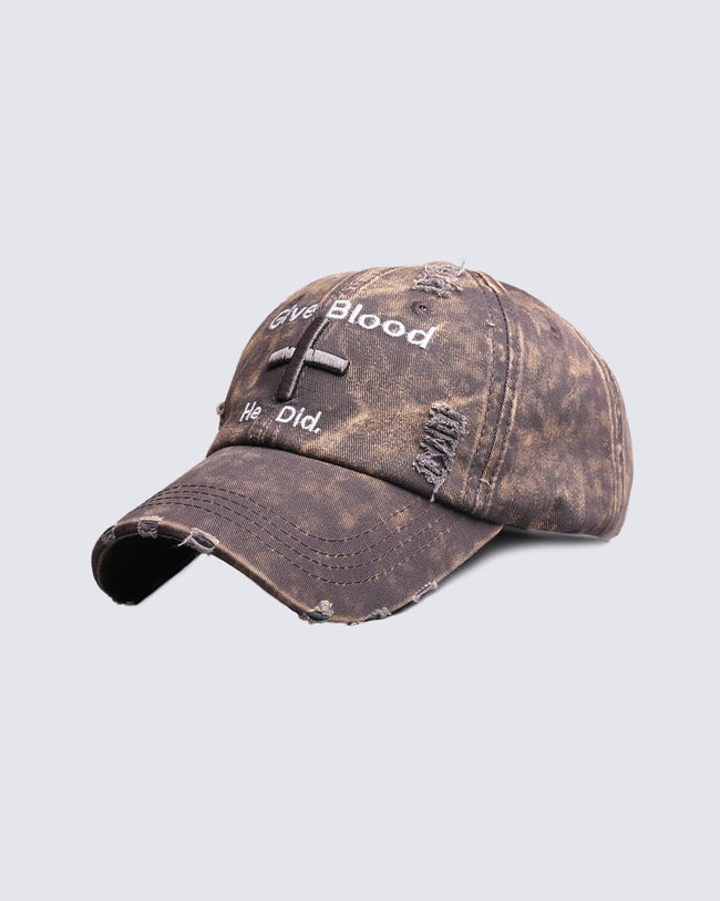 Distressed 'Give Blood He Did' Baseball Cap with Cross Design – Streetwear Style Hover Image
