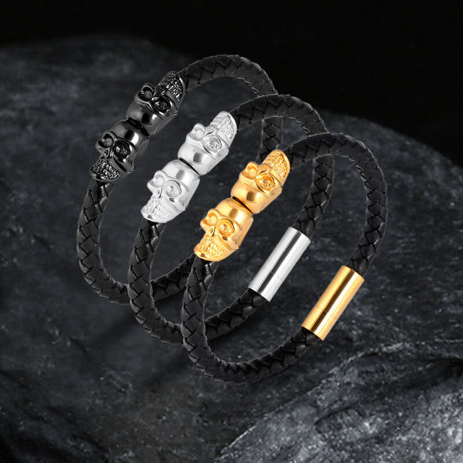 Double Skull Braided Stainless Steel Magnetic Buckle Leather Bracelet Hover Image