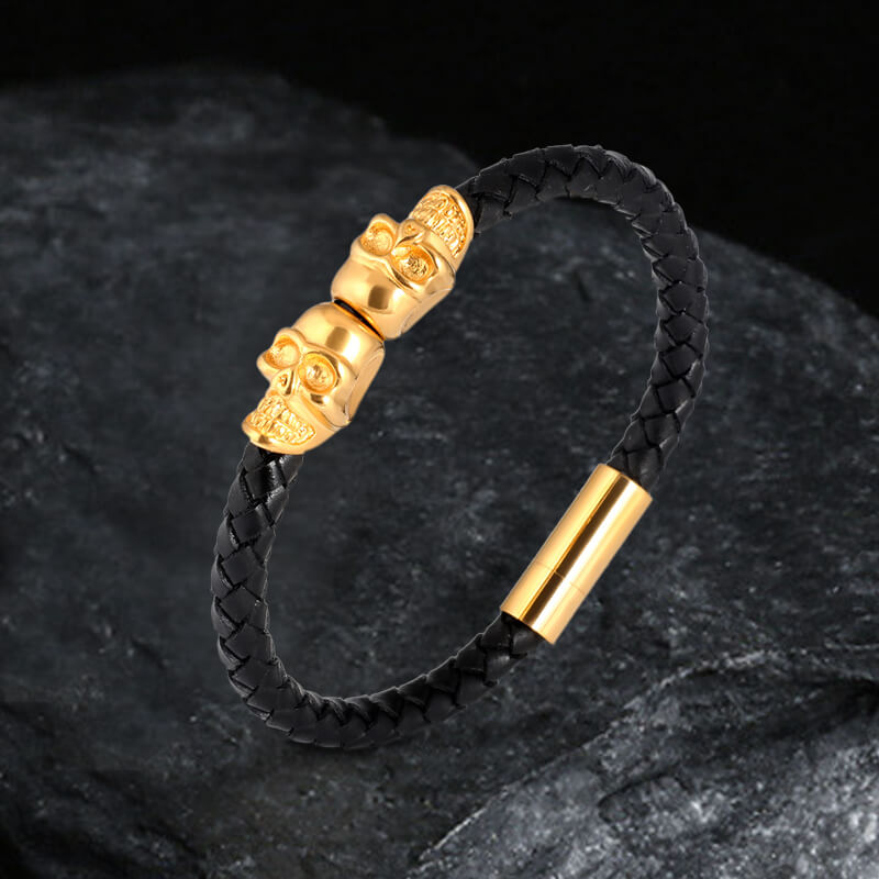 Double Skull Braided Stainless Steel Magnetic Buckle Leather Bracelet