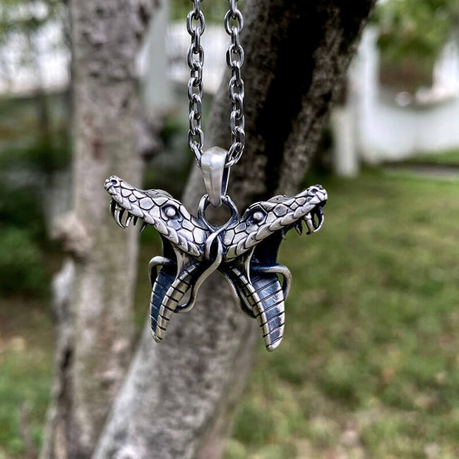 Double Snake Heads Sterling Silver Pendant Hover Image
