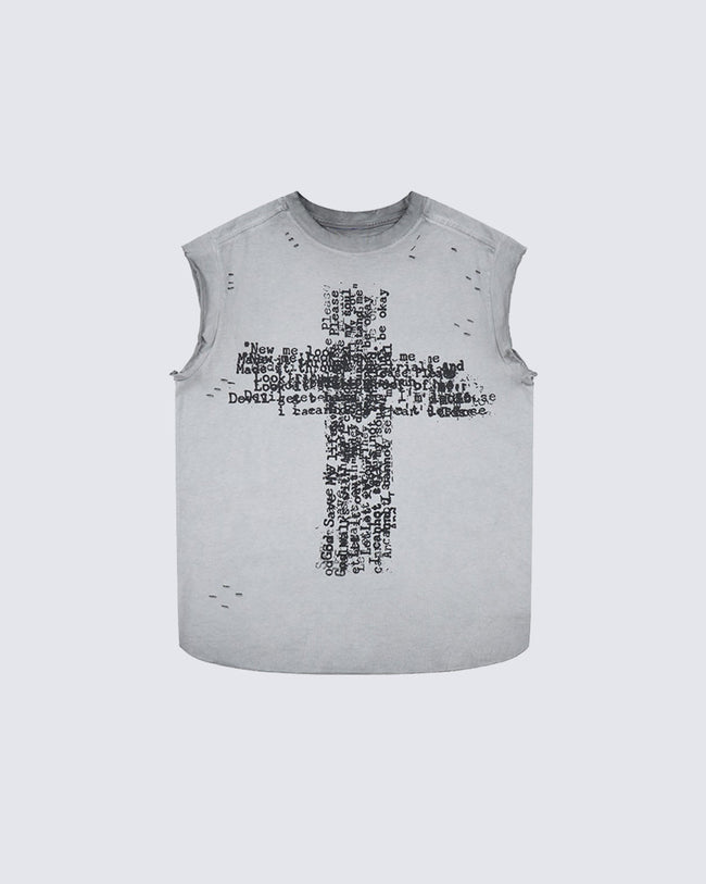 Distressed Denim Cross Print Sleeveless Vest Hover Image