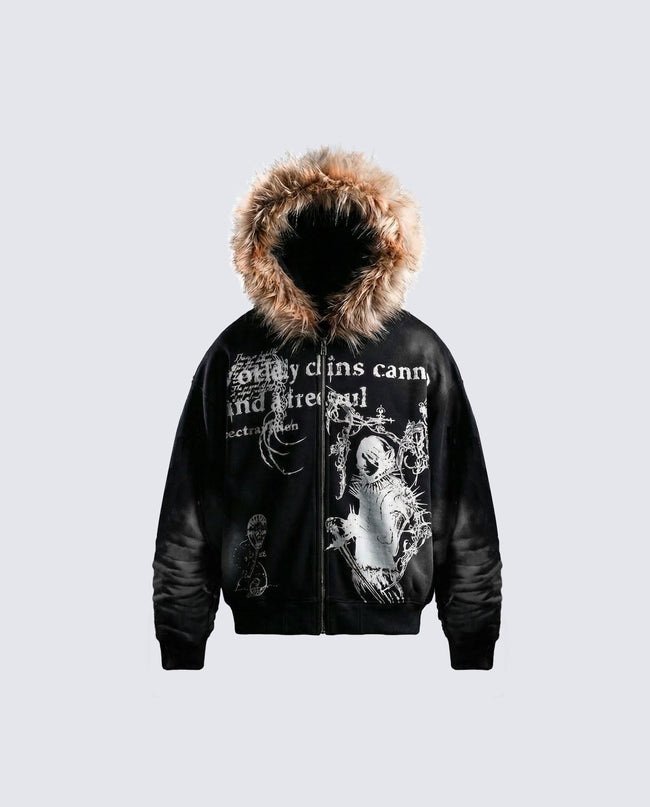 Vintage Zipper Faux Fur Hoodie Hover Image