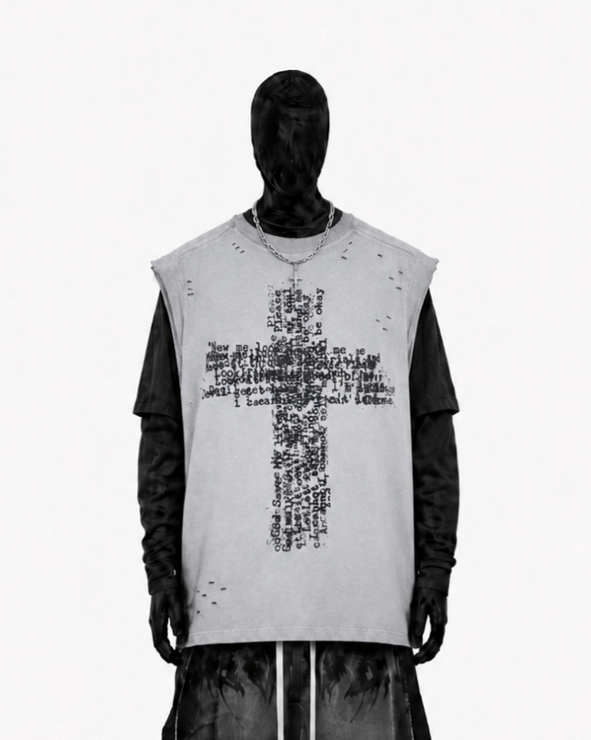 Distressed Denim Cross Print Sleeveless Vest Main Image